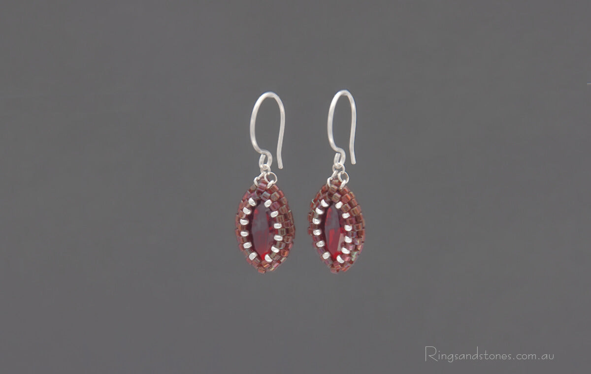 Sterling silver red earrings hand beaded red earrings with Swarovski crystal stones