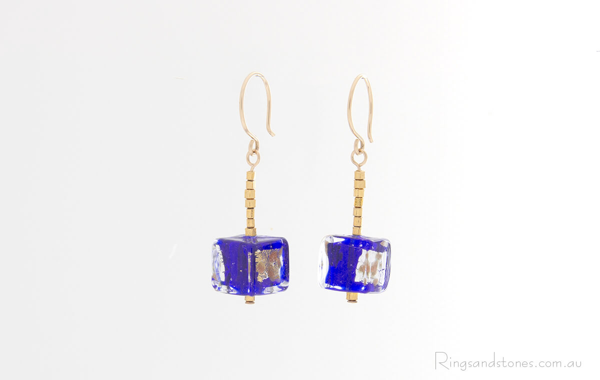 Murano Glass Gold Beaded Cube Earrings