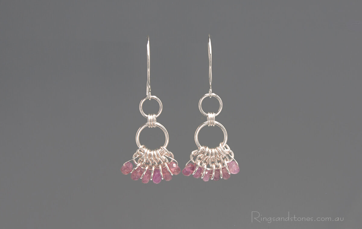 Pink tourmaline sterling silver earrings. Handcrafted chainmaille earrings.