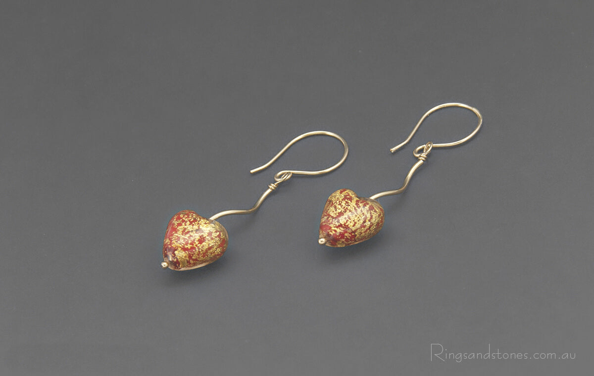 Red heart earrings with gold