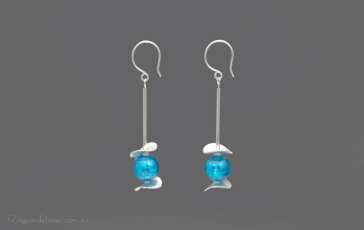 Sterling silver long beaded Murano glass earrings blue and silver