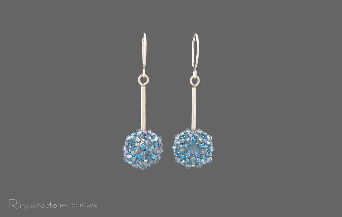 Sterling silver long drop beaded blue earrings