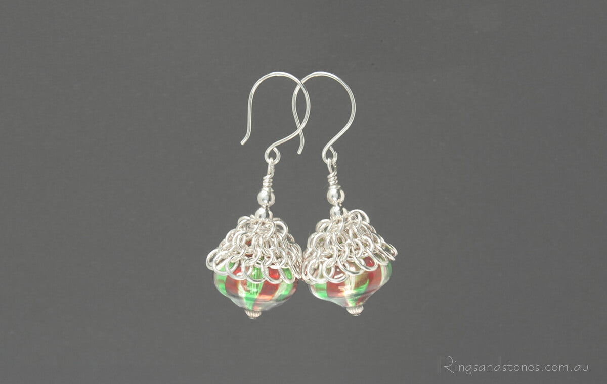 Murano glass red and green christmas bauble earrings