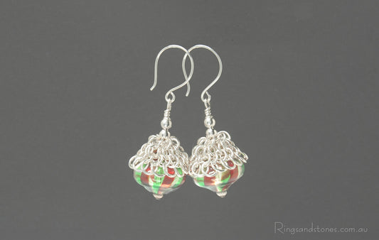 Murano glass red and green christmas bauble earrings