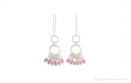 Pink gemstone sterling silver earrings. Long fan silver earrings.