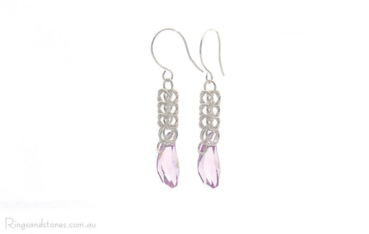 Handcrafted sterling silver long chain earrings with Swarovski crystals