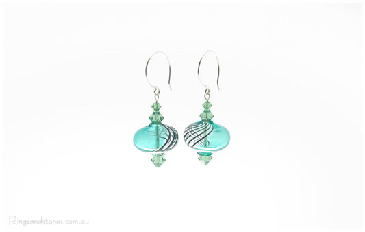 Teal green Murano glass earrings with sea foam green Swarovski crystals