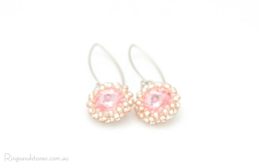 Vintage pink hand beaded Swarovski crystal earrings