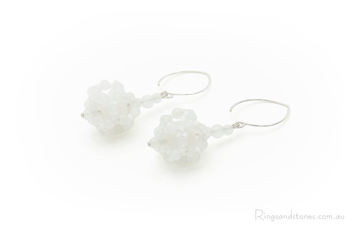 Hand beaded white jade sterling silver earrings