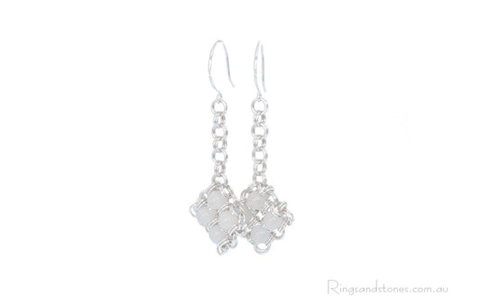 Sterling silver chainmaille earrings with white jade beads.