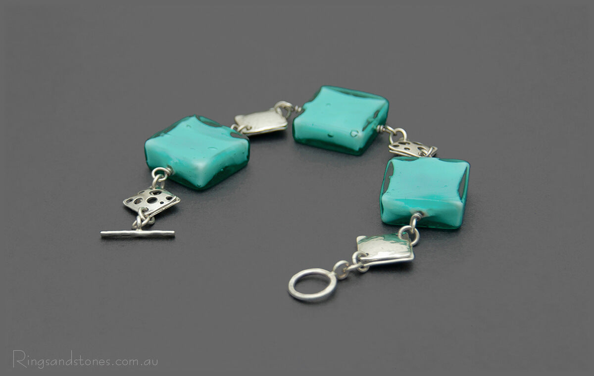 Murano glass chunky mint beaded sterling silver womens bracelet