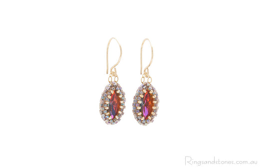 Small gold hand beaded earrings with bright Swarovski crystal stones