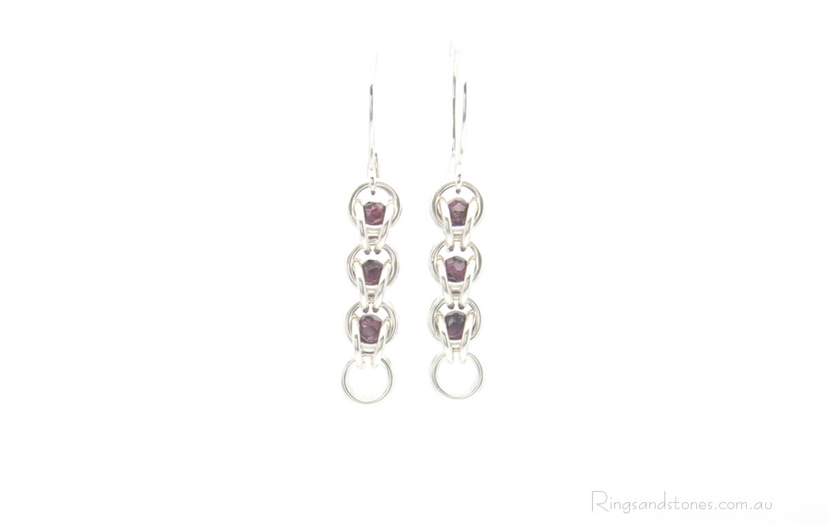 Original sterling silver chainmaille earrings with garnet gemstones