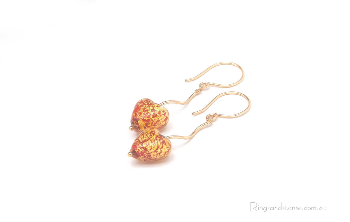 Murano glass red and gold heart earrings