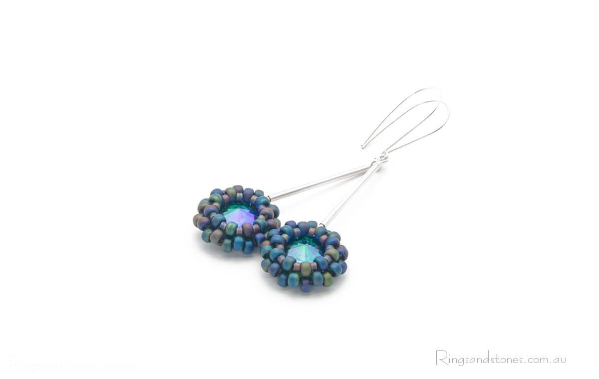 Green and purple long silver beaded earrings