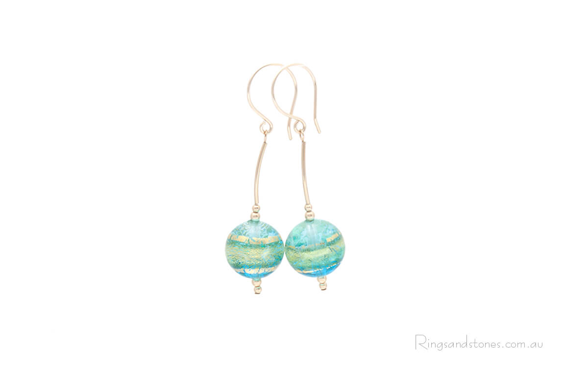 Long beaded Murano glass gold earrings