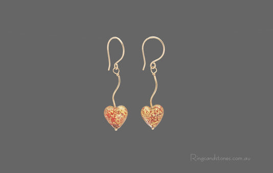 Gold and red heart earrings Murano glass