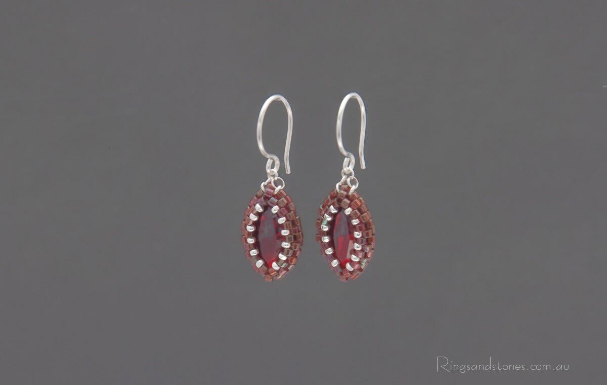 Small red beaded earrings red and silver Swarovski crystal beaded earrings