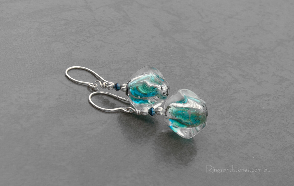 Blue green Murano glass sterling silver earrings