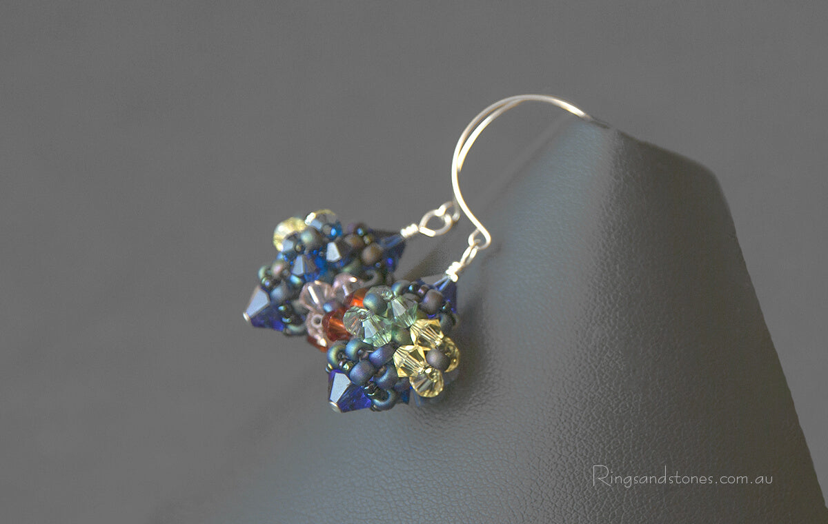 Sterling silver hand beaded flower earrings with Swarovski crystals