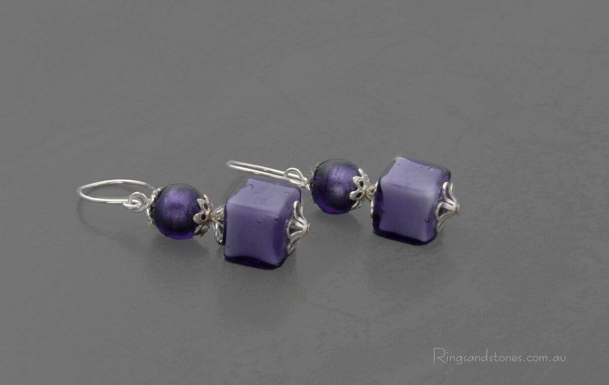 Sterling silver Murano glass purple drop earrings