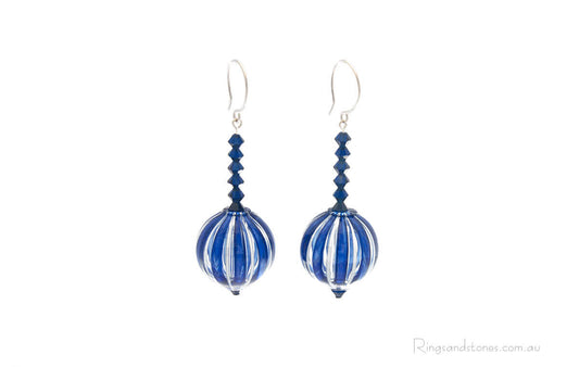 Blue and white stripe Murano blown glass earrings with Swarovski crystal beads
