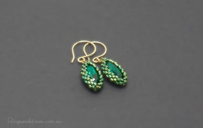 Hand beaded emerald green Swarovski crystal gold earrings