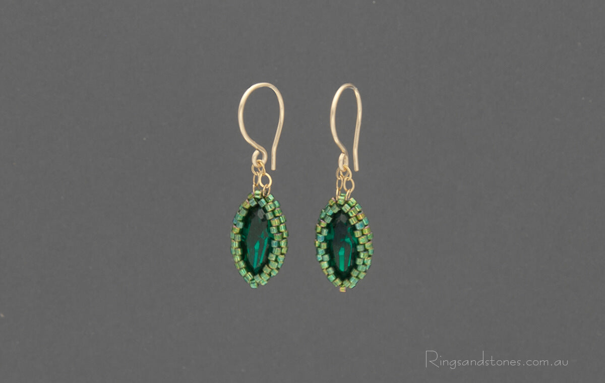 Emerald green hand beaded earrings with Swarovski crystals
