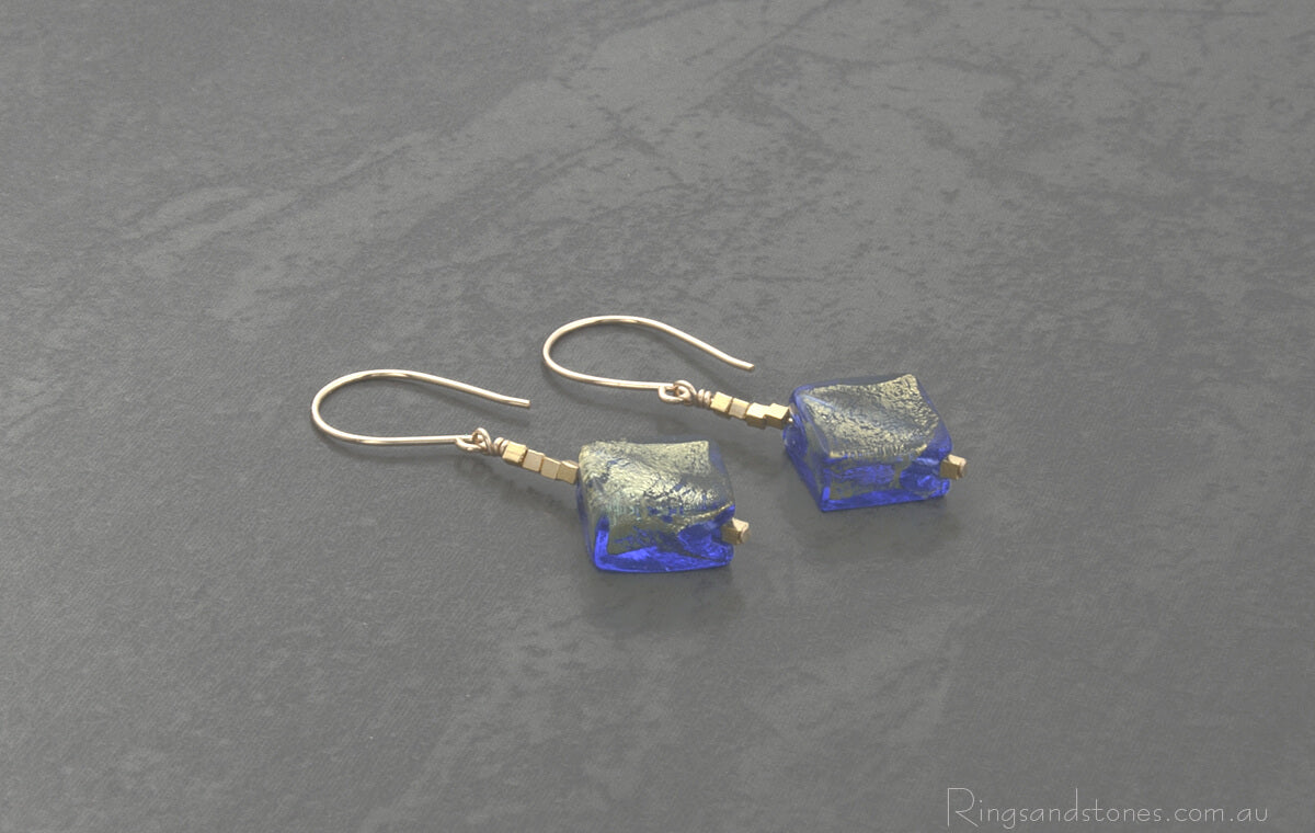 Gold and blue Venetian glass earrings. Small gold earrings.