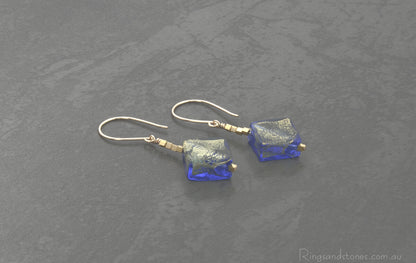 Gold and blue Venetian glass earrings. Small gold earrings.