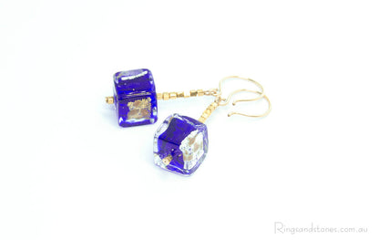 Murano Glass Gold Beaded Cube Earrings