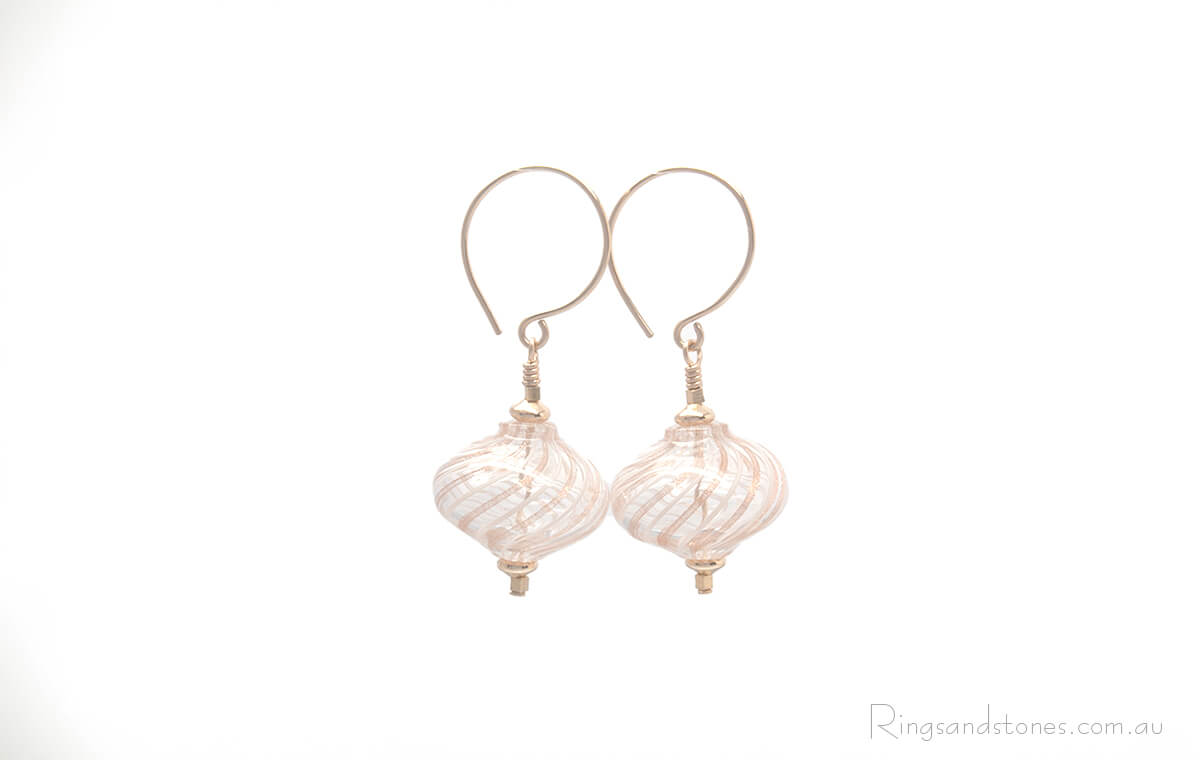Gold beaded earrings with Murano glass swirl beads