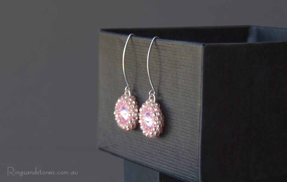 Vintage pink hand beaded Swarovski crystal earrings