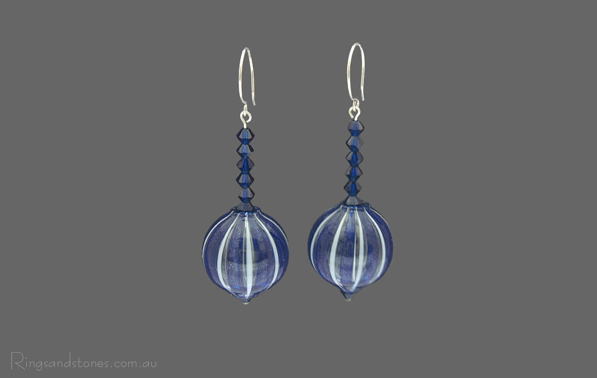 Murano Glass Blue and white stripe mouth blown beads with Dark blue Swarovski crystals. Beautiful Earrings.