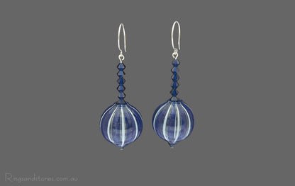 Murano Glass Blue and white stripe mouth blown beads with Dark blue Swarovski crystals. Beautiful Earrings.
