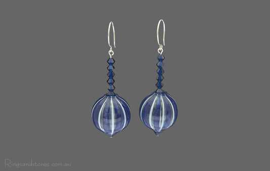 Murano Glass Blue and white stripe mouth blown beads with Dark blue Swarovski crystals. Beautiful Earrings.