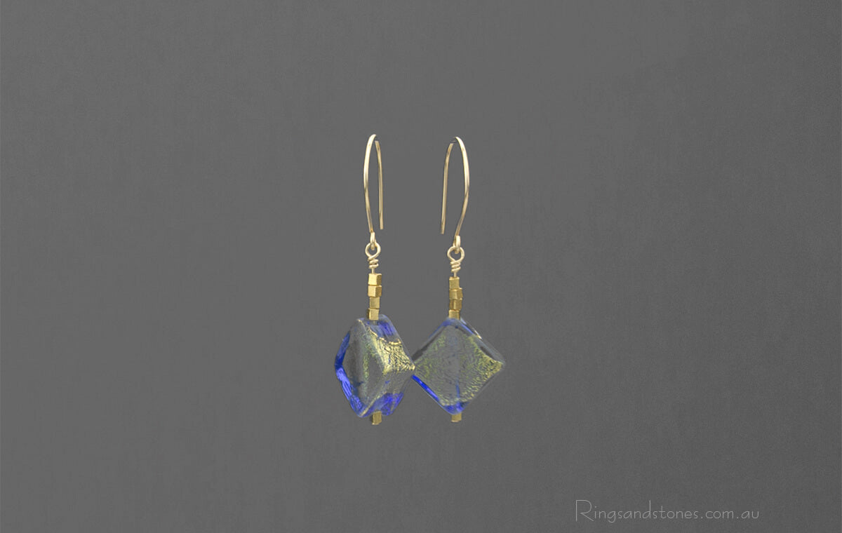 Gold and blue Venetian glass earrings