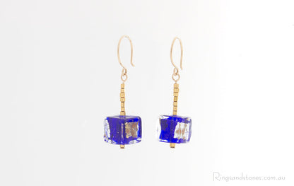 Murano Glass Gold Beaded Cube Earrings