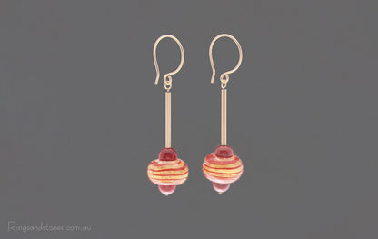 Red and gold swirly stripe beaded long earrings
