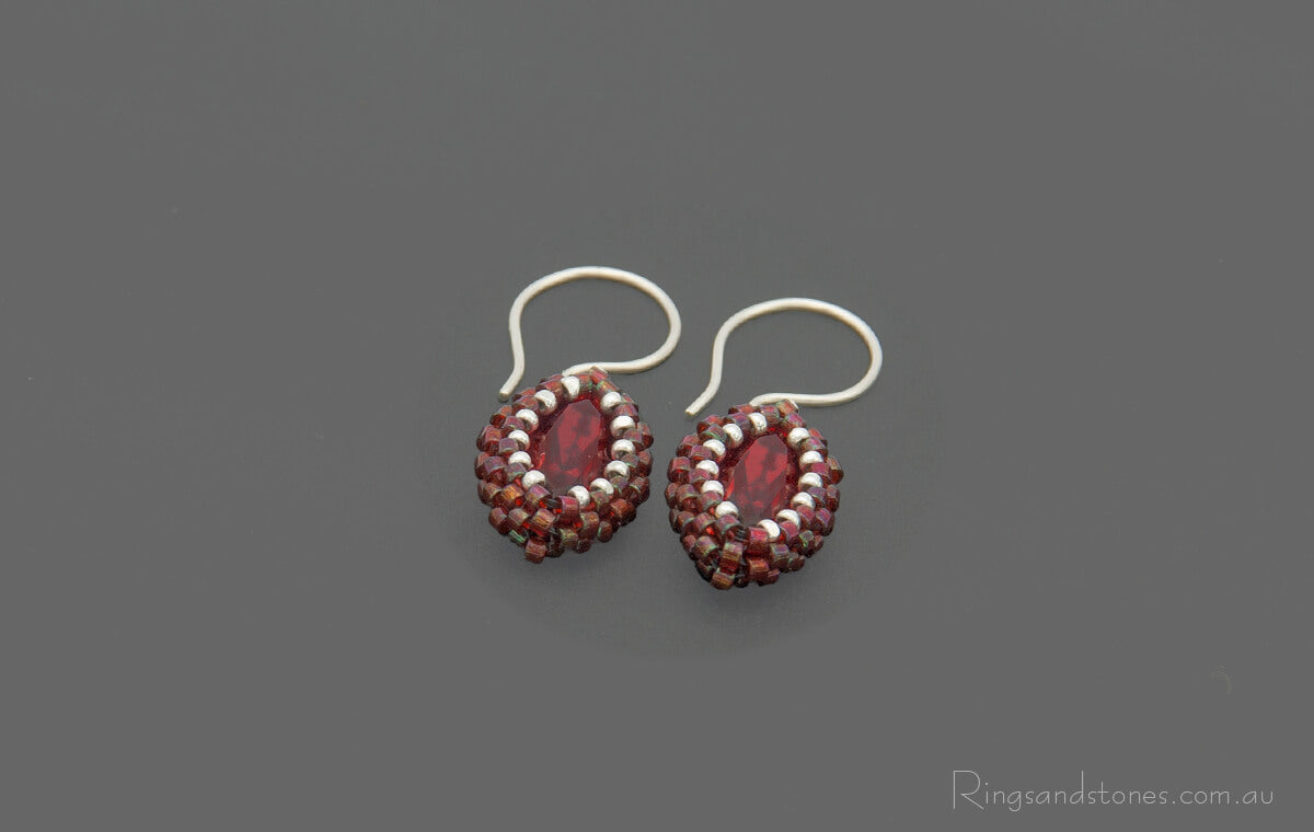 Small red beaded earrings red and silver Swarovski crystal beaded earrings