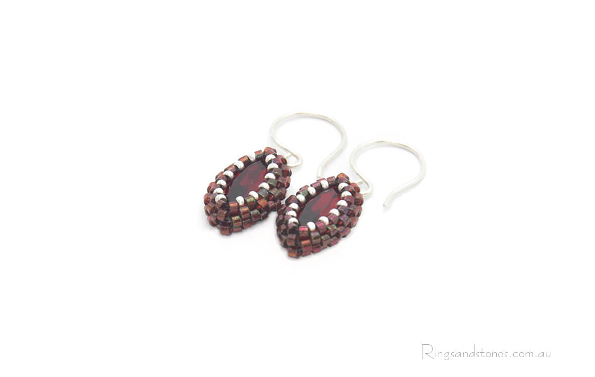 Small red earrings Red and sterling silver beaded earrings with Swarovski crystals