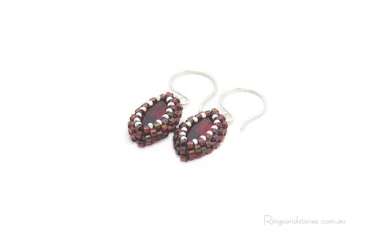 Small red earrings Red and sterling silver beaded earrings with Swarovski crystals
