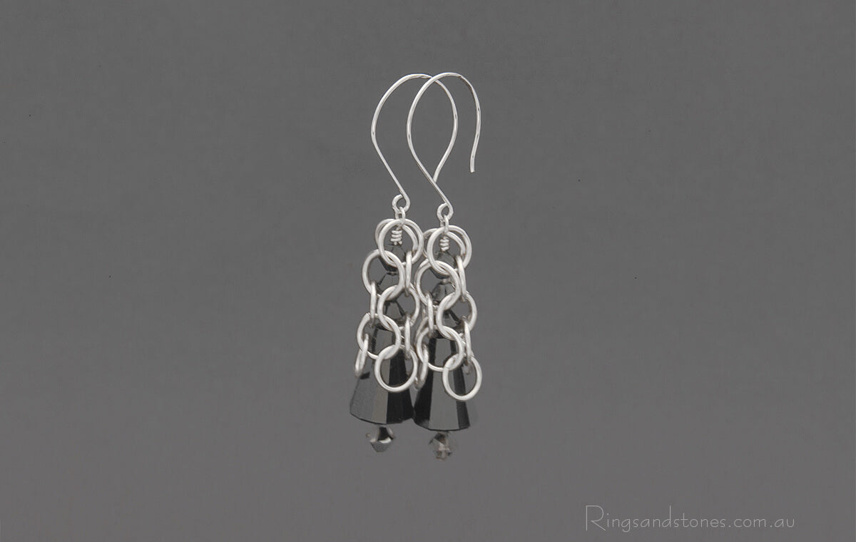 Sterling silver chainmaille earrings with black Swarovski Crystals