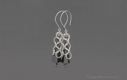 Sterling silver chainmaille earrings with black Swarovski Crystals