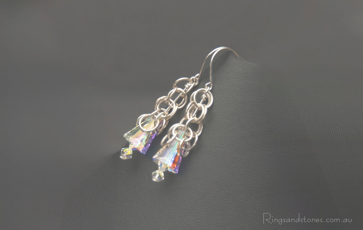 Sterling silver chainmaille earrings with reflective Swarovski cystals