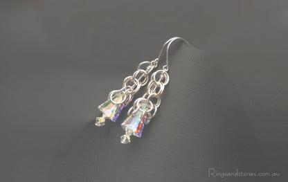 Sterling silver chainmaille earrings with reflective Swarovski cystals