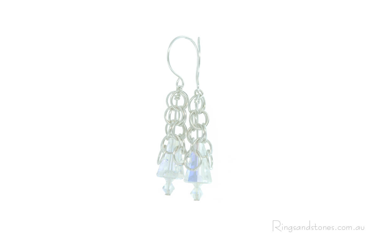 Handcrafted sterling silver chainmaille earrings with reflective Swarovski crystals