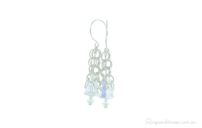 Handcrafted sterling silver chainmaille earrings with reflective Swarovski crystals