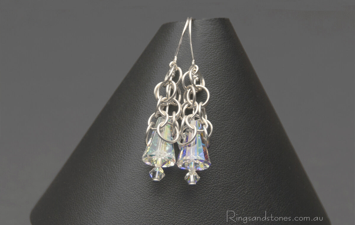 Hancrafted sterling silver long chain earrings with Swarovski crystals