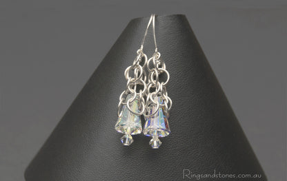 Hancrafted sterling silver long chain earrings with Swarovski crystals